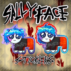 Puede incluir: Dos pegatinas con un personaje de dibujos animados con pelo azul, cara blanca y ropa negra con pantalones rojos. Las pegatinas tienen el texto "SALLY FACE" y "STICKERS" en negrita. El fondo tiene una estética grunge con salpicaduras rojas.