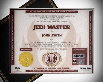 Custom Personalized Star Wars Jedi Certificates With Embedded Certificate Number and Security Holograms