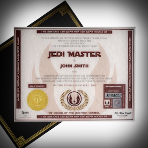 Personalisierte Star Wars Jedi Zertifikate mit eingebetteter Zertifikatsnummer und Sicherheitshologrammen