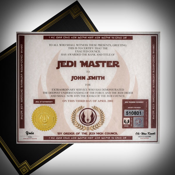 Custom Personalized Star Wars Jedi Master Certificates With Embedded Certificate Number and Security Holograms