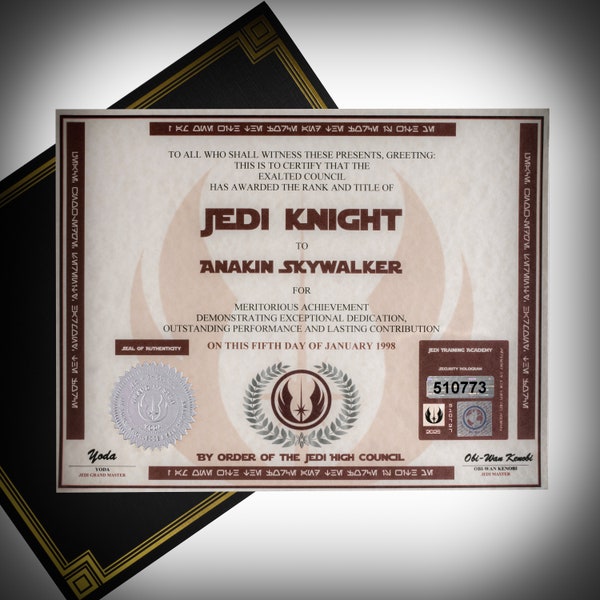 Custom Personalized Star Wars Jedi Knight Certificates With Embedded Certificate Number and Security Holograms