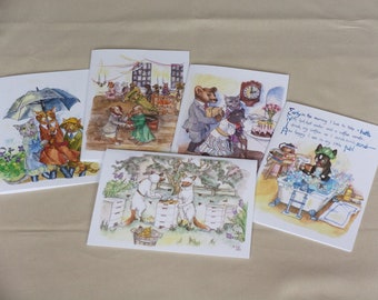 Aquarelles et encres dessinées à la main de style vintage avec des animaux fantaisistes 5 cartes de voeux assorties 5 x 7