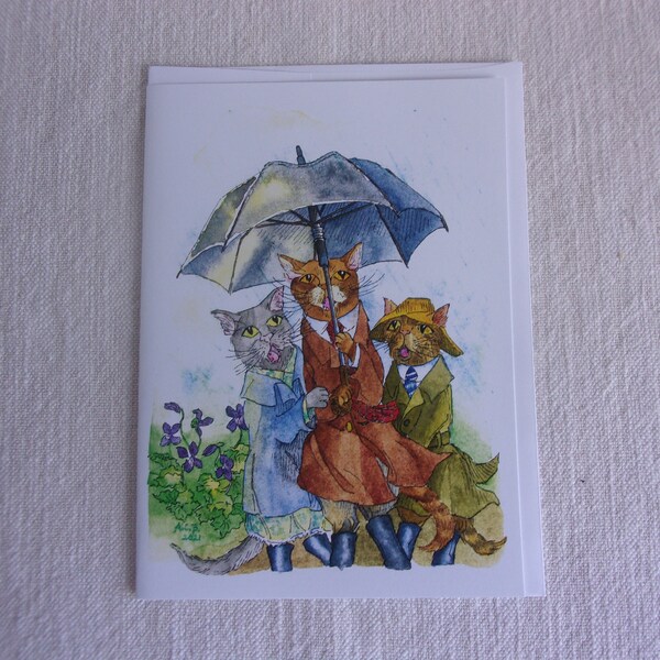 Cats Singing in Rain Ink and Watercolor Whimsical Vintage-Style Blank 5x7 Card and Envelope