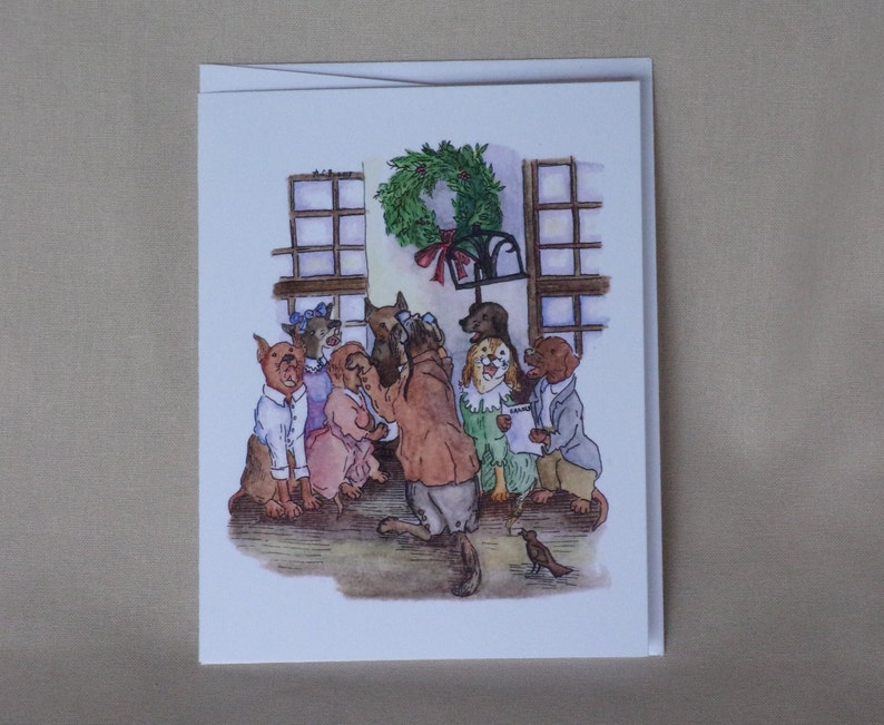 Seven little dogs practice singing in a choir under the windows of the church hall and a giant Christmas wreath.  The choirmaster, whose back is turned to the viewer, wears a brown suit coat and glasses with a ribbon.  A small bird joins in singing.