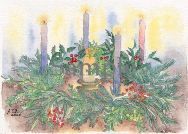 Artist's original of Advent Wreath card.