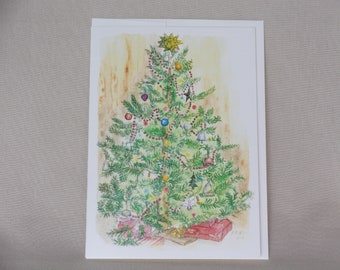 Vintage-style Pencil and Watercolor 5x7 Christmas Tree Card with Envelope