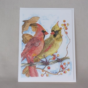 Cardenal pareja invernal bosque tinta y acuarela 5x7 tarjeta en blanco y sobre