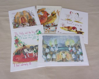 Whimsical Animal Christmas Vintage-Style Hand-drawn Ink and Watercolor Cards 5 Assorted 5x7