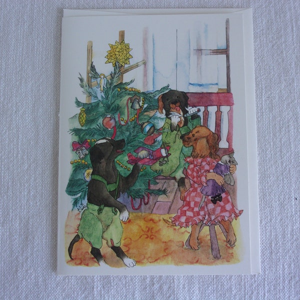 Puppies Opening Christmas Presents Whimsical Vintage-Style Ink and Watercolor 5x7 Blank Greeting Card