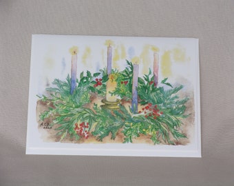 Vintage-stijl groenblijvende adventskrans en kaarsen potlood en aquarel 5x7 kerstkaart met envelop