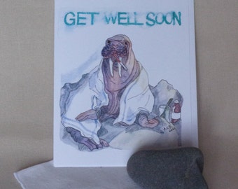 Skurrile Get-Well-Walross-Einzelkarte im Format 4x5 mit Tinte und Aquarell