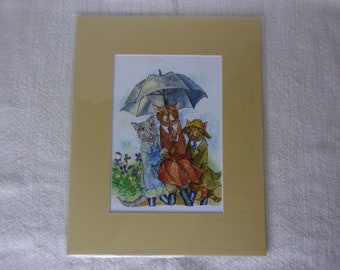 Whimsical Vintage-Style Cats Singing in Rain Ink and Watercolor 5x7 Print in 8x10 Mat with 3 Color Options