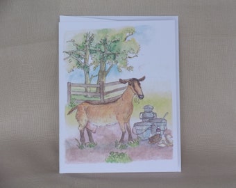 Encre et aquarelle de chèvre à but non lucratif VesperWood Farm, carte et enveloppe 4 x 5