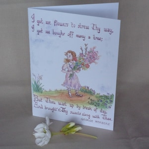 Osterblumenmädchen im Vintage-Stil mit George Herbert-Gedicht „Osterlied“, Tinte und Aquarell, 12,7 x 17,8 cm, Einzelkarte