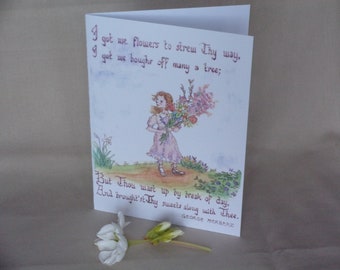 Ragazza di fiori di Pasqua in stile vintage con poesia di George Herbert "Easter Song" inchiostro e acquerello 5 x 7 biglietto singolo