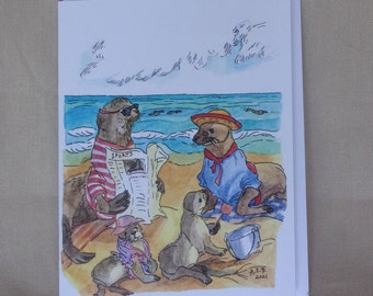 Encre et aquarelle originales de style vintage Seal Beach 4 x 5 cartes et enveloppe