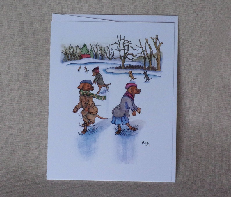 Two dogs, brother and sister, are skating on a frozen pond.  They are wearing strap skates and trying hard to balance.  Other doggy skaters, bare trees, and a house with a red roof are in the background.