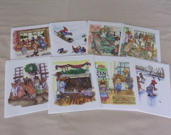 Stravagante Doggy Christmas stile vintage disegnato a mano con inchiostro e acquerello 8 carte 4x5 assortite