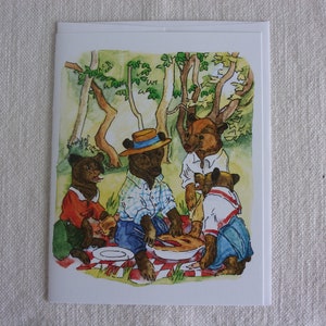 Caprichosos osos de estilo vintage, tinta para picnic y acuarela, tarjeta individual y sobre de 4x5