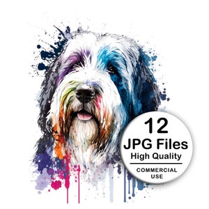 May include: A colourful watercolour painting of a dog's face. The dog has white fur with splashes of blue, purple, green, orange, and pink paint. The dog is looking directly at the viewer. The text "12 JPG Files High Quality COMMERCIAL USE" is in a white circle on the right side of the image.