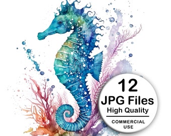 Seahorse Clipart - Set of 12 High Quality JPG - Decoupage, Wall Art, Scrapbook & Papercraft Files Kit - Instant Sea Animal Digital Download