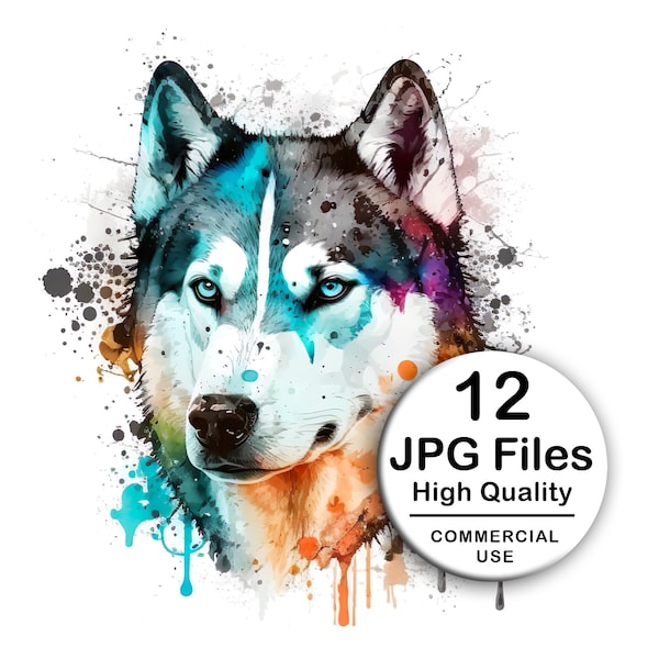 Siberian Husky Clipart - Set 12 High Quality JPG - Decoupage, Wall Art, Scrapbook & Papercraft Kit - Instant Watercolor Pet Digital Download