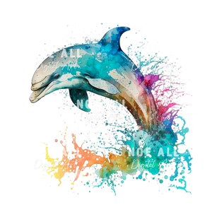 May include: A watercolor painting of a dolphin jumping out of the water, surrounded by colorful splashes of paint. The dolphin is blue, green, and brown, and the splashes are pink, orange, yellow, and blue.