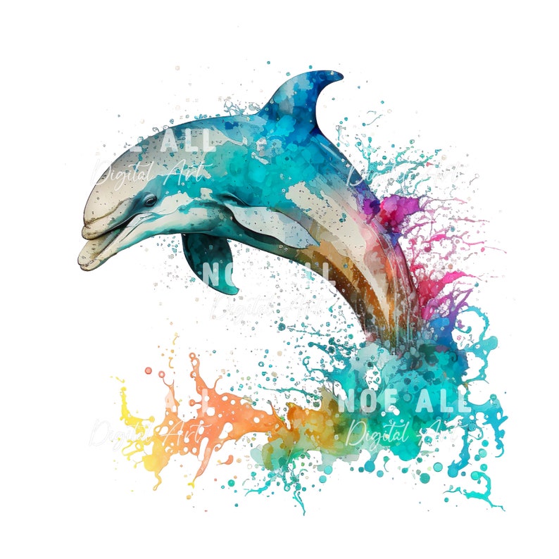 May include: A watercolor painting of a dolphin jumping out of the water, surrounded by colorful splashes of paint. The dolphin is blue, green, and brown, and the splashes are pink, orange, yellow, and blue.