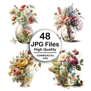 Vase of Flowers Clipart - Bundle of 48 High Quality JPG - Decoupage, Wall Art, Scrapbook & Papercraft Files Kit - Botanical Digital Download