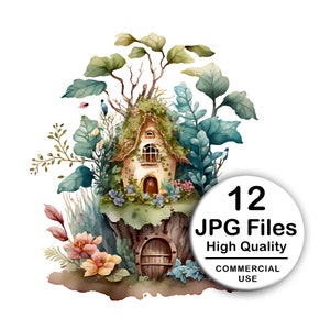 Könnte beinhalten: Eine Aquarell-Illustration eines fantasievollen Häuschens, eingebettet in eine üppige Waldlandschaft. Das Häuschen hat ein moosbewachsenes Dach, ein kleines Fenster und eine Holztür. Das umgebende Laub ist eine Mischung aus grünen, blauen und braunen Farbtönen und schafft eine magische und bezaubernde Szene.