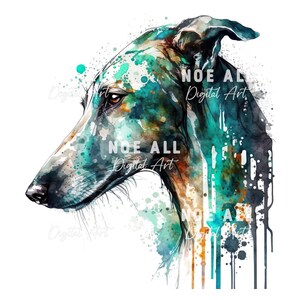 Pode incluir: Uma pintura em aquarela de uma cabe&ccedil;a de cachorro, com respingos de tinta turquesa, azul e laranja. O cachorro est&aacute; olhando para a esquerda, e o texto "NOE ALL Digital Art" &eacute; vis&iacute;vel na imagem.