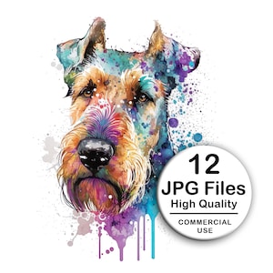 Airedale Terrier Clipart - Set 12 High Quality JPG - Decoupage, Wall Art, Scrapbook & Papercraft Files Kit - Watercolor Pet Digital Download
