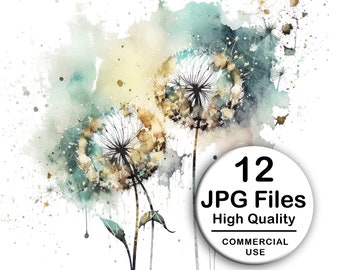 Dandelions Clipart - Set of 12 High Quality JPG - Decoupage, Wall Art, Scrapbook & Papercraft Files Kit - Boho Botanical Digital Download
