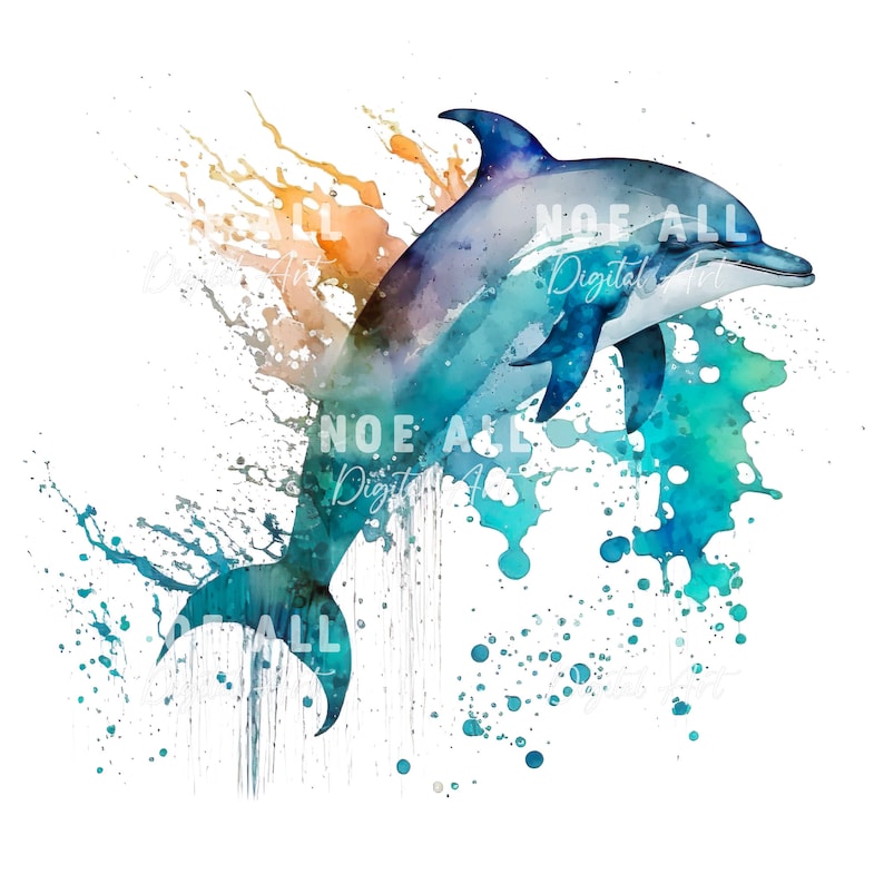 May include: A watercolor painting of a dolphin jumping out of the water, surrounded by colorful splashes of paint. The dolphin is blue and gray, and the splashes are shades of blue, green, and orange.