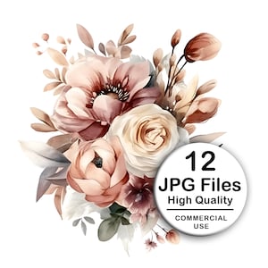 Pink Floral Bouquet Clipart - Set 12 High Quality JPG, Decoupage, Wall Art, Scrapbook & Papercraft Kit, Ornament Watercolor Digital Download