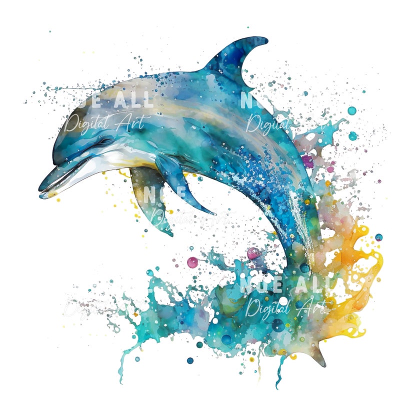 May include: A watercolor painting of a blue and green dolphin leaping out of the water. The dolphin is surrounded by colorful splashes of paint, creating a dynamic and energetic scene.
