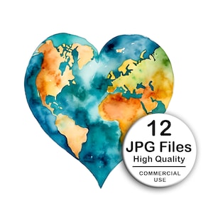 Planet Earth Heart Shaped Clipart - Set 12 High Quality JPG - Decoupage, Wall Art, Scrapbook & Papercraft Kit - Watercolor Digital Download