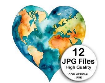 Planet Earth Heart Shaped Clipart - Set 12 High Quality JPG - Decoupage, Wall Art, Scrapbook & Papercraft Kit - Watercolor Digital Download