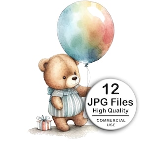 Teddy, Colorful Balloon Clipart - Set 12 High Quality JPG - Decoupage, Wall Art, Scrapbook & Papercraft Kawaii Kit - Child Digital Download