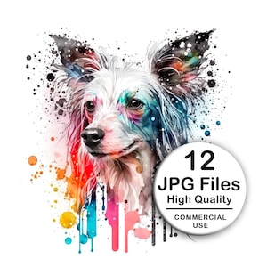 Chinese Crested Clipart - Set 12 High Quality JPG - Decoupage, Wall Art, Scrapbook & Papercraft Files Kit - Watercolor Pet Digital Download