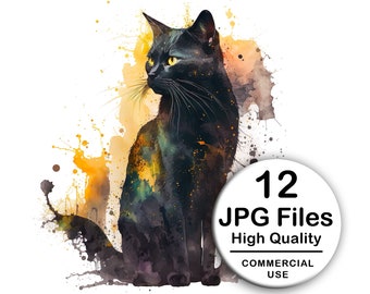Black Cat Clipart - Set of 12 High Quality JPG - Decoupage, Wall Art, Scrapbook & Papercraft Files Kit - Instant Pet Digital Download