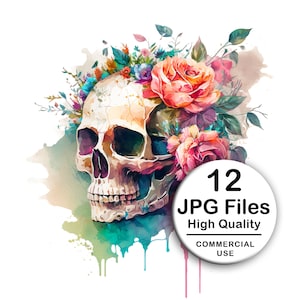 Skull & Roses Clipart - Set 12 High Quality JPG - Decoupage, Wall Art, Scrapbook, Papercraft Files Kit - Gothic Watercolor Digital Download
