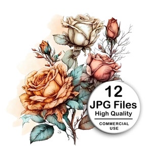 Roses Clipart - Set of 12 High Quality JPG - Decoupage, Wall Art, Scrapbook & Papercraft Files Kit - Botanical Watercolor Digital Download
