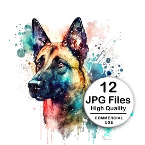 Belgian Malinois Clipart - Set 12 High Quality JPG - Decoupage, Wall Art, Scrapbook & Papercraft Files Kit - Watercolor Pet Digital Download