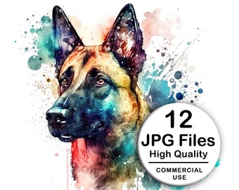 Belgian Malinois Clipart - Set 12 High Quality JPG - Decoupage, Wall Art, Scrapbook & Papercraft Files Kit - Watercolor Pet Digital Download