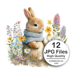 Cute Rabbit, Wildflowers Clipart - Set 12 High Quality JPG - Decoupage, Wall Art, Scrapbook & Papercraft Kawaii Kit - Child Digital Download