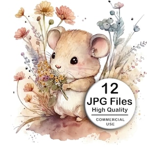 Cute Mouse, Wildflowers Clipart - Set 12 High Quality JPG - Decoupage, Wall Art, Scrapbook & Papercraft Kawaii Kit - Child Digital Download