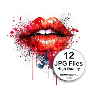 Peut inclure: Une illustration numérique de lèvres rouges avec un effet aquarelle. Les lèvres sont ouvertes et montrent des dents blanches. L'arrière-plan est une toile blanche avec des éclaboussures d'aquarelle rouge, bleue et violette. L'image comprend le texte "12 JPG Files High Quality COMMERCIAL USE".