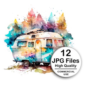 Retro Caravan Clipart - Set 12 High Quality JPG - Decoupage, Wall Art, Scrapbook & Papercraft Files Kit - Camper Watercolor Digital Download