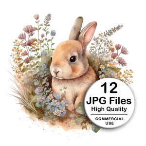 Cute Rabbit, Wildflowers Clipart - Set 12 High Quality JPG - Decoupage, Wall Art, Scrapbook & Papercraft Files Kit - Animal Digital Download